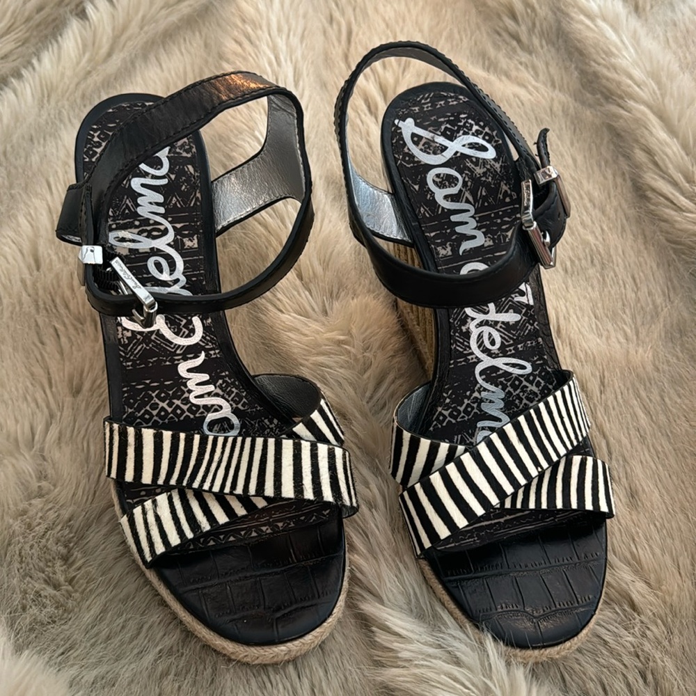 Black and white wedge heels